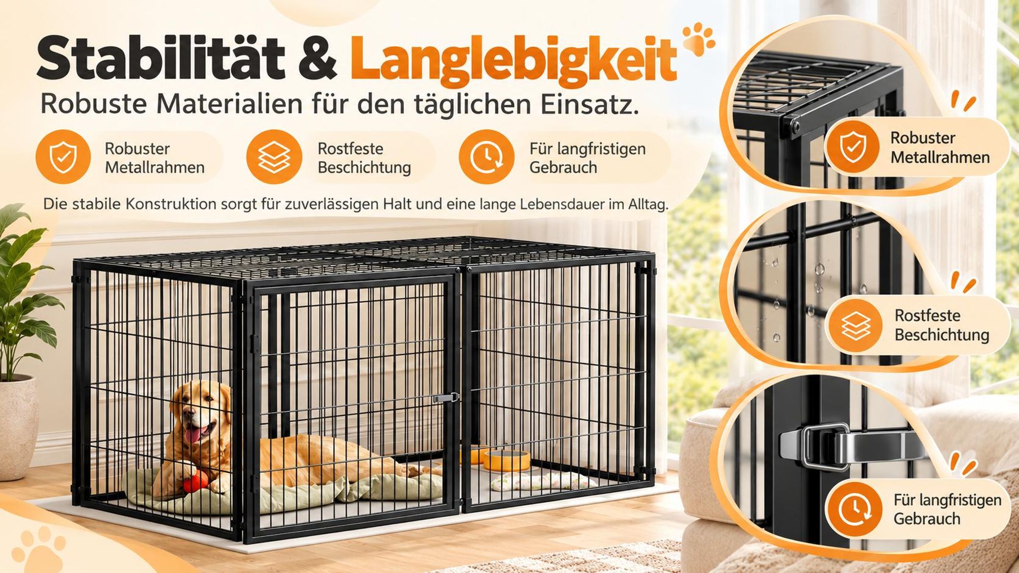 Basics Modulare Hundebox 160x80x80 cm, Flexibler Hunde-Käfig mit Sicherheitsdeckel & Verstellbarer Tür, Aus Stahl mit Rostschutz, inkl. PVC-Auflage, Schwarz Black
