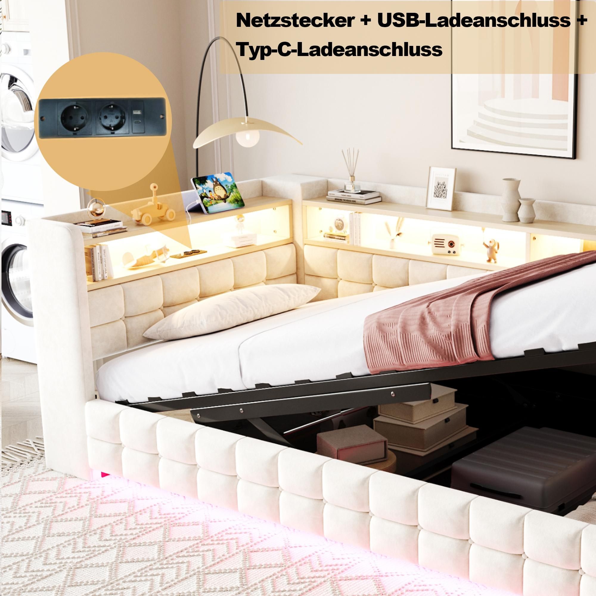 Merax Polsterbett Schlafsofa 90x200cm mit LED-Beleuchtung, Tagesbett mit Hydraulischer Stauraum und Holzregal, USB-Ladeanschlüsse, Samtstoff, Beige