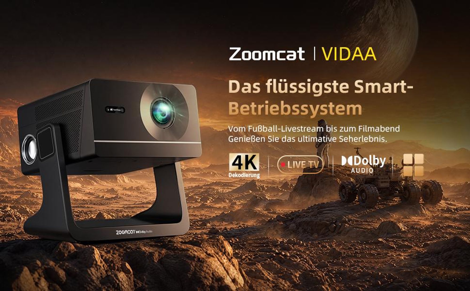 Beamer 4K, VIDAA OS, offiziell Netflix-, 1080P FHD,1400 ANSI, 2×10W Dual-Lautsprecher, Dolby Audio, KI-Autofokus & Auto-Trapezkorrektur