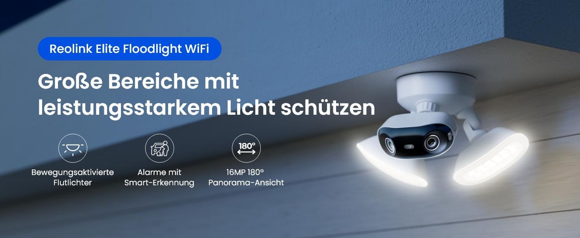 Reolink Elite Floodlight WiFi, 4K 8MP kabelgebundene Flutlicht Überwachungskamera, 180°-Panorama, Dualband Wi-Fi 6, 3000 Lumen, Lokale KI-Videosuche