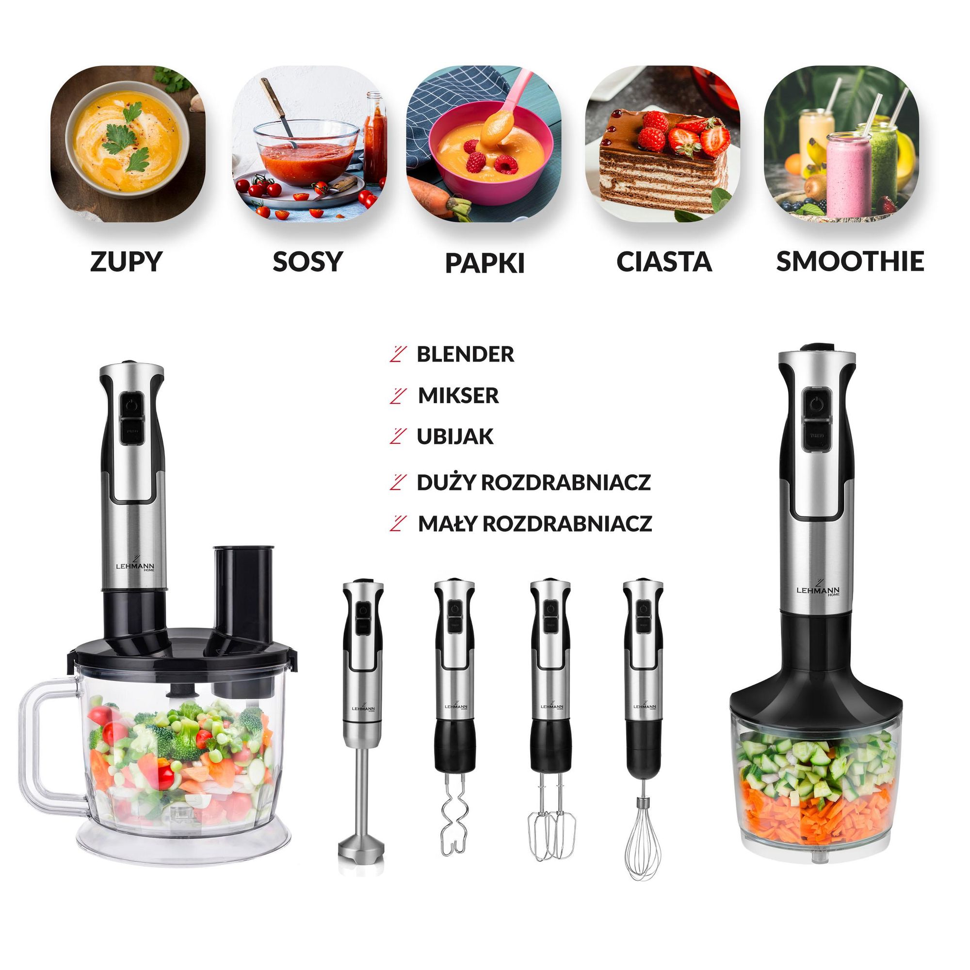 Blender ręczny TURBO 1200W LEHMANN CHOPSUI mikser, blender ze stali nierdzewnej trzepaczka,, trzepaczka zestaw 9w1, tarcze do ścierania ziemniaków