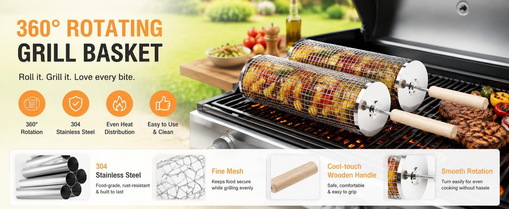 Nestbar Rollender Grillkorb,Abnehmbarer Wärmedämmung Holzgriff,Edelstahl 304,24x10cm,für Gasgrill,Elektro und Holzkohle Grill,für Camping,Gril,Outdoor