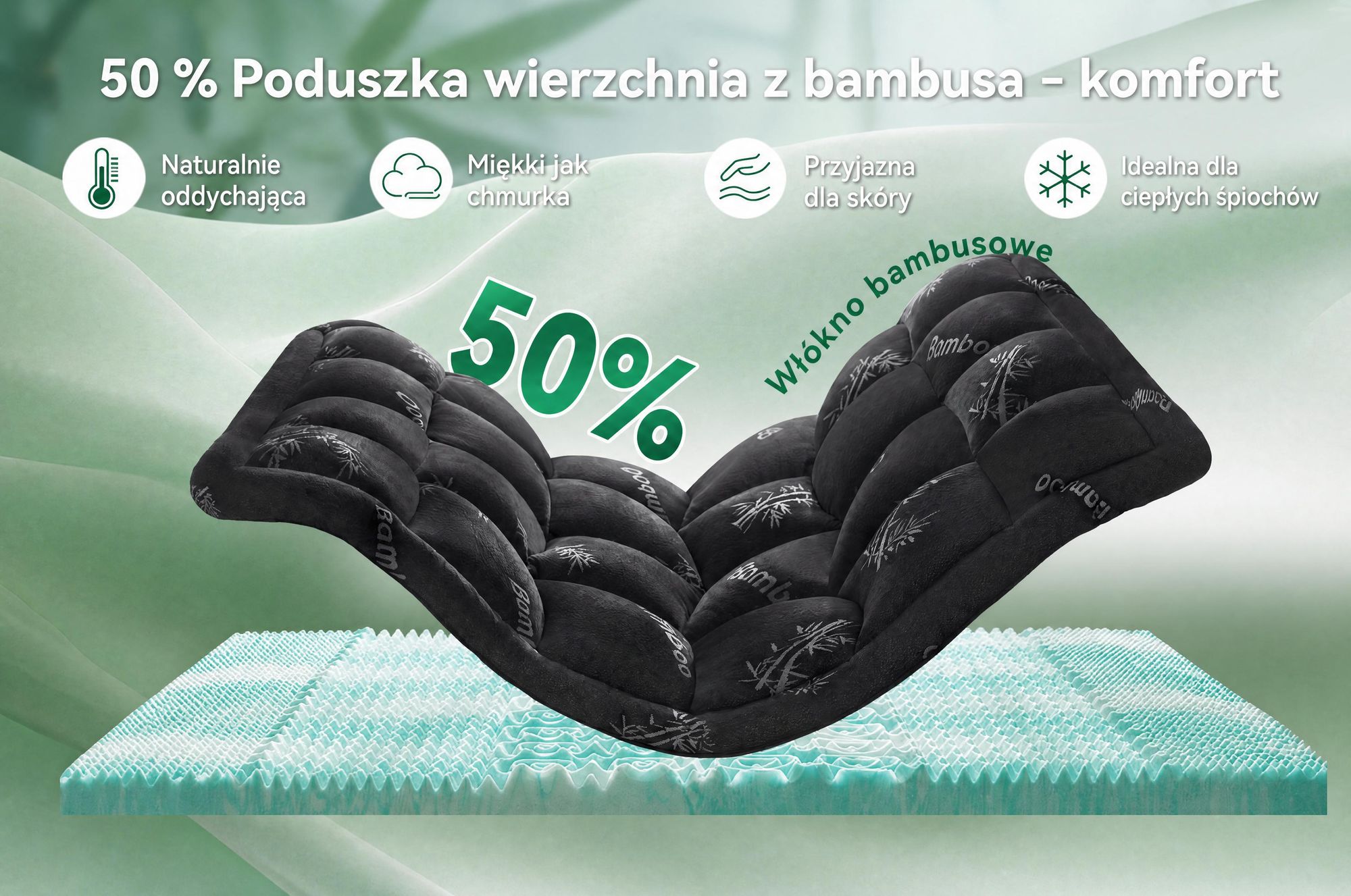NicePlus, materac kieszeniowy 2 w 1, 140x200x7 cm, pianka termoelastyczna z podziałem na 5 stref + warstwa bambusowa, z gumkami narożnymi pasującymi do wszystkich materacy, twardość H2/H3, kolor: czarny