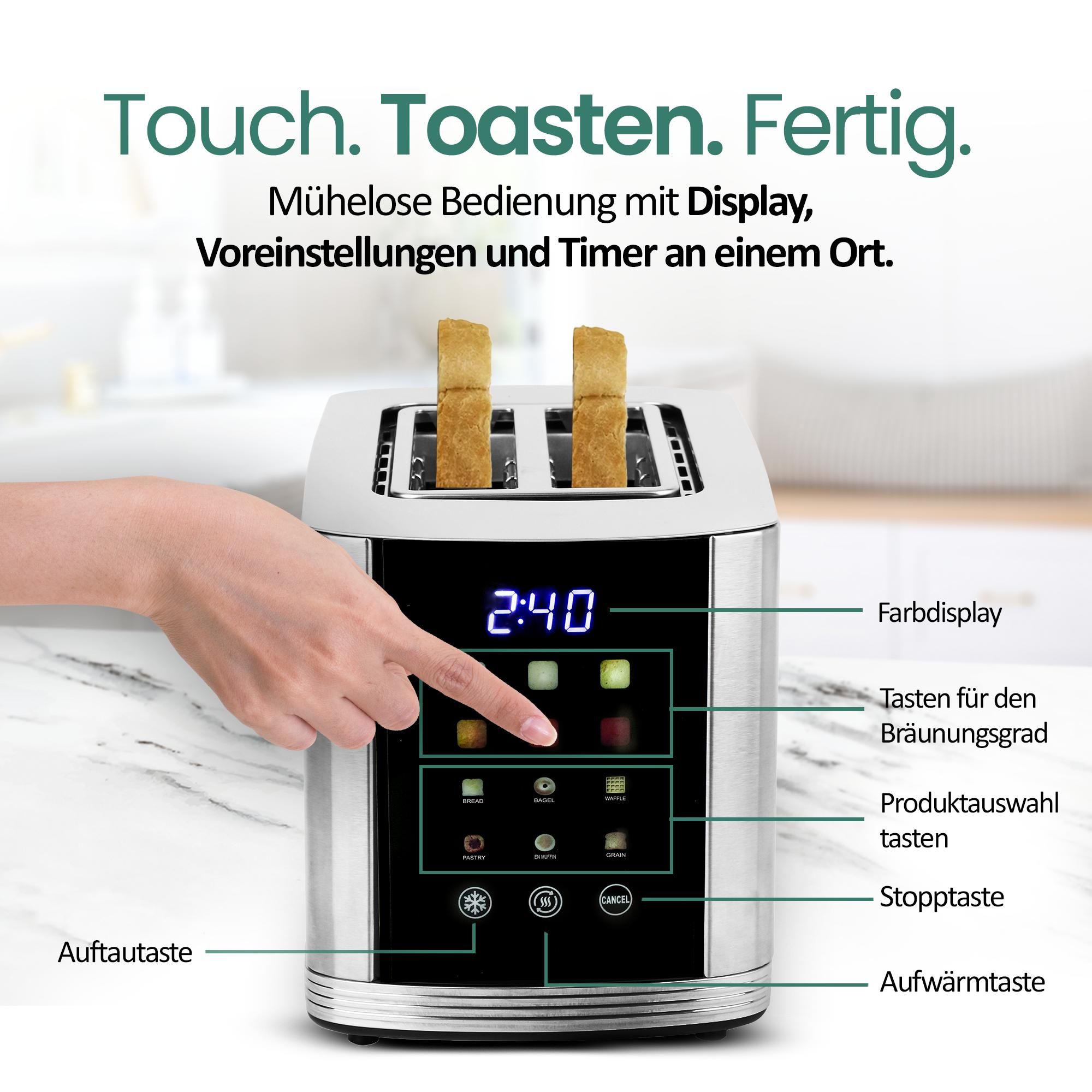 Emerio Toaster mit Digitaldisplay – 2 Schlitzen – Auftaufunktion – Einstellbarer Thermostat – Krümelschublade – Edelstahl-Toaster – TO-132888 – Silber