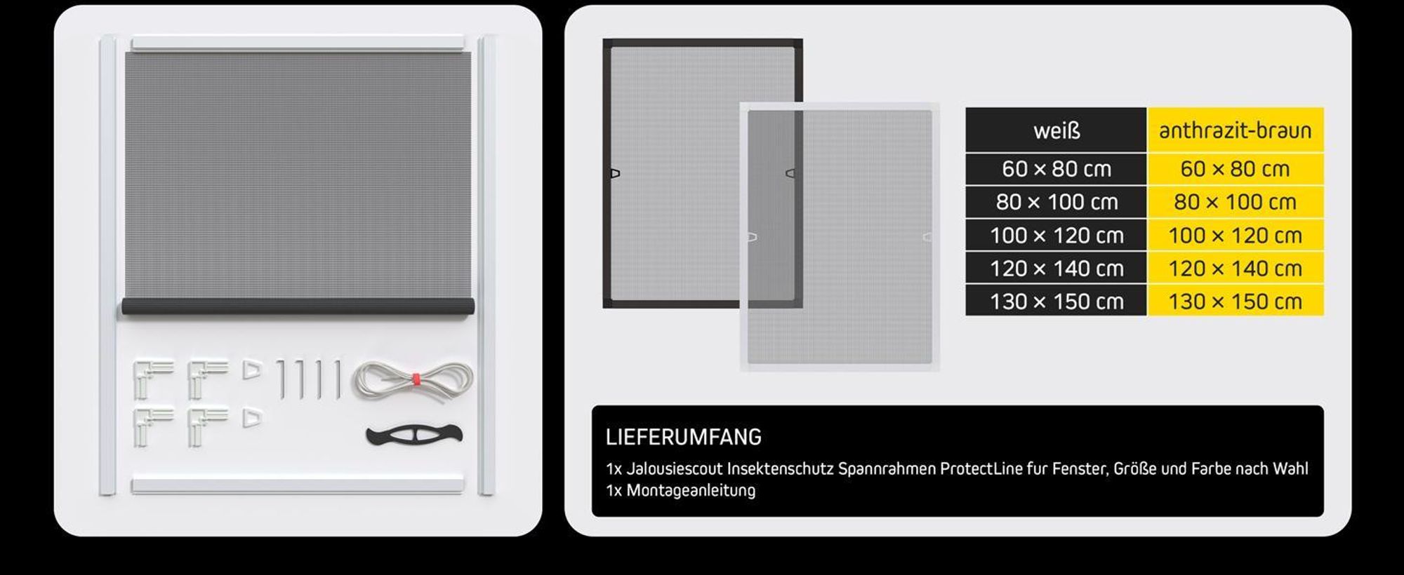 Fliegengitter Fenster ohne Bohren Spannrahmen 130x150 anthrazit braun JALOUSIESCOUT ProtectLine