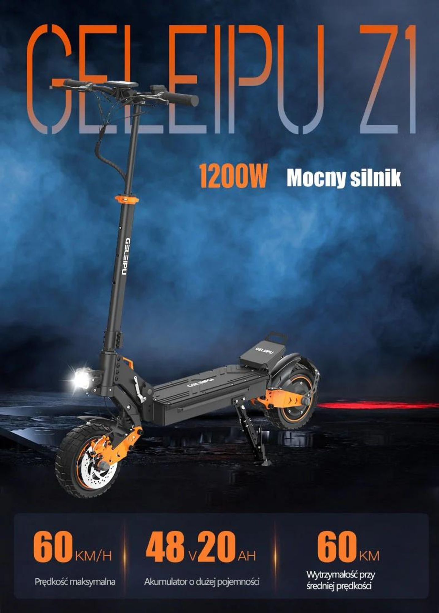 GELEIPU Z1 - Bateria 48V20AH 10" Kołami Hamulce Tarczowe - Czarny