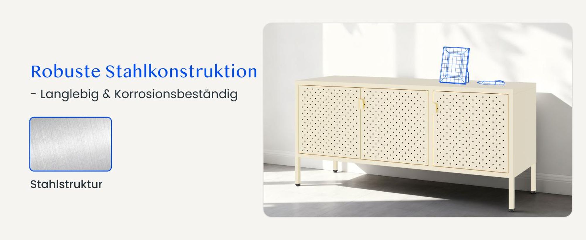 FLEXISPOT TV Schrank Metall – Sideboard mit Lüftungslöchern, 3 Türen & verstellbaren Füßen für Wohnzimmer, Büro, Schlafzimmer, 118x39x55 cm, Gelb