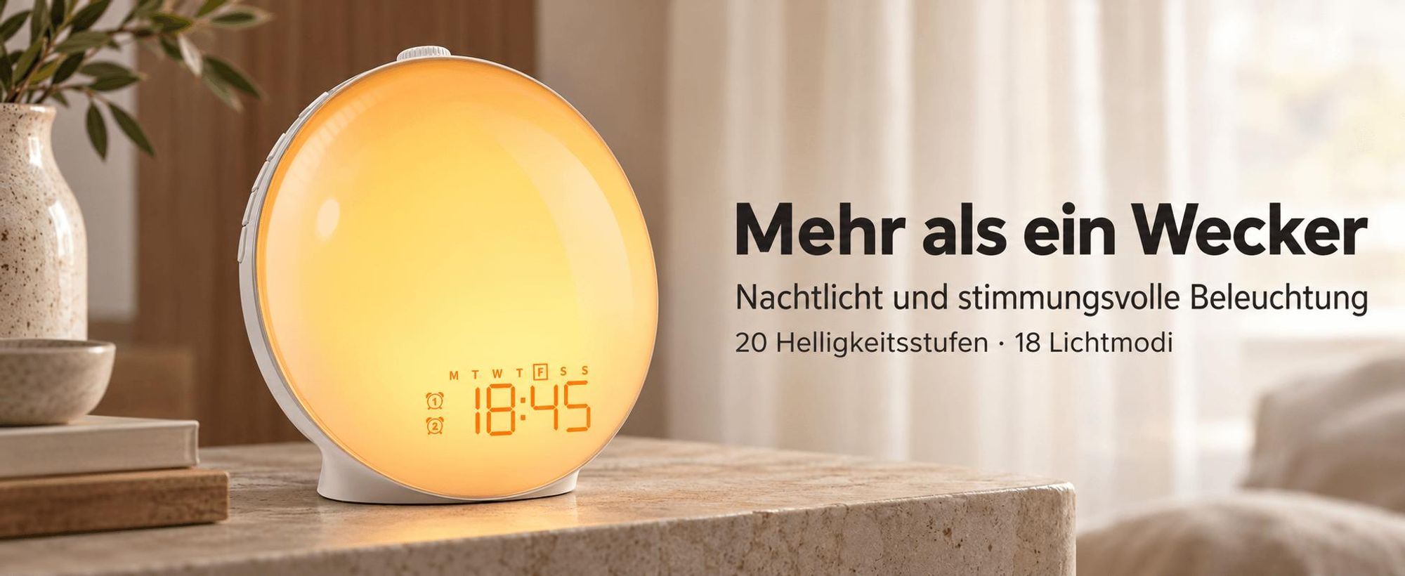 Tageslicht Wecker Licht,Wecken Sie das Licht auf,Sonnenuntergangssimulation,9 Farbe Licht 20 Helligkeit Nachtlampe,Rotationstaste,Dualer Alarmmodus