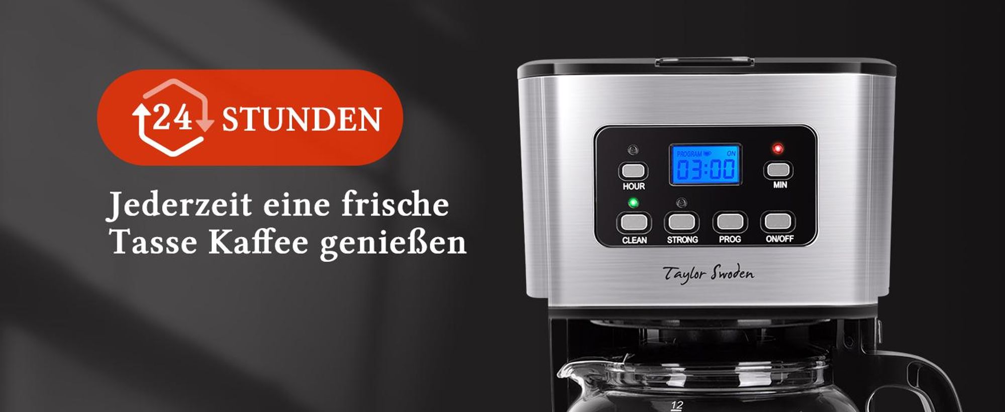 Taylor Swoden - Kaffeemaschine mit Timer,1.5L Filterkaffeemaschine 12 Tassen, Abschaltautomatik, Tropf-Stopp, 950W