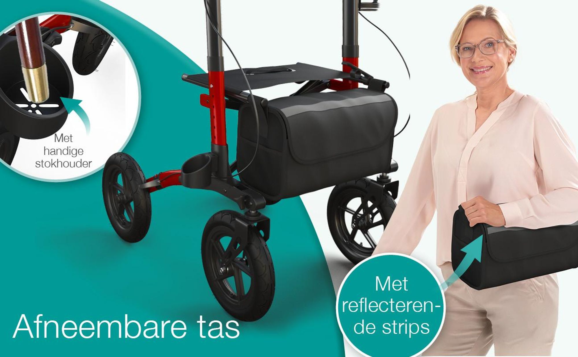 ELONEO inklapbare rollator met zitplaats, outdoor rollator met luchtbanden, inclusief zitvlak, rugsteun en verstelbare loopsteun van aluminium