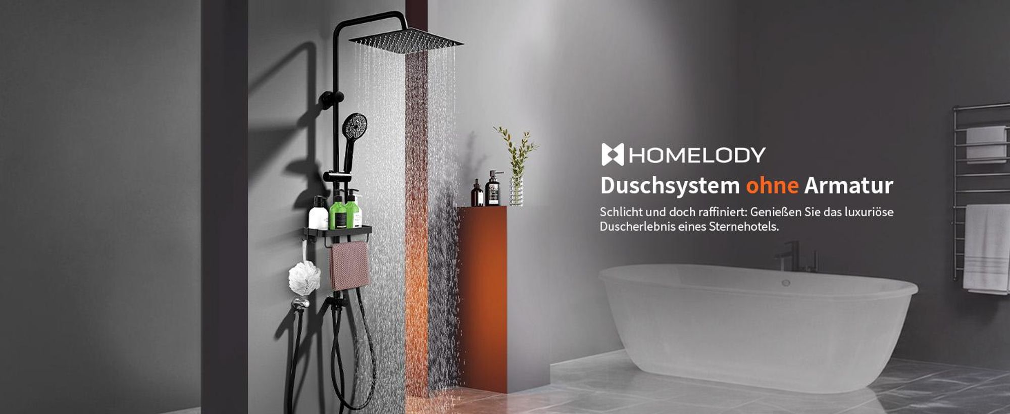 Homelody Duschsystem ohne Armatur, Duschset Duschsäule mit SUS304 Edelstahl Duschablage 30cm kopfbrause & Handbrause Quadratisch 5 Strahlarten Schwarz