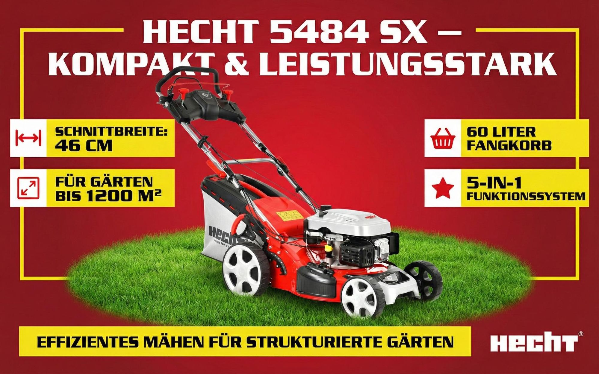HECHT 5484 SX Rasenmäher Benzin | mit Antrieb | 46 cm Schnittbreite | 5in1 | 5PS | 60L | Grasfangkorb | zentrale Höhenverstellung