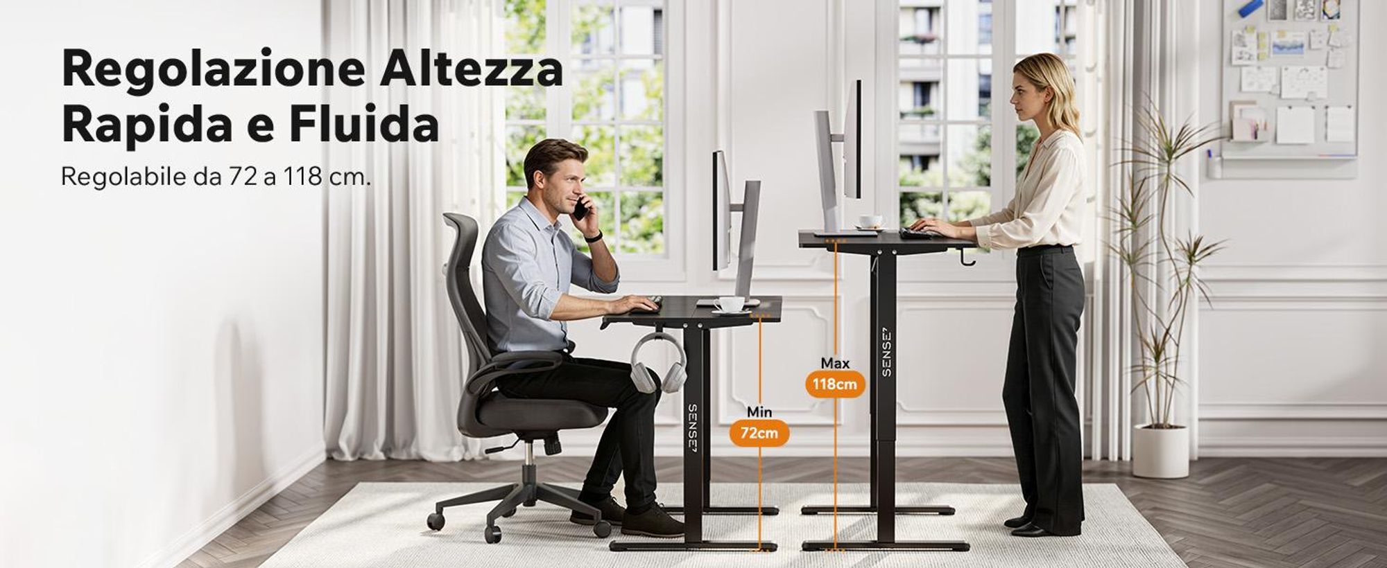 SENSE7 NOJO Light - Struttura per scrivania regolabile in altezza elettricamente | 72-118 cm, funzione memoria, supporto per cuffie, carico massimo 70 kg, struttura in acciaio