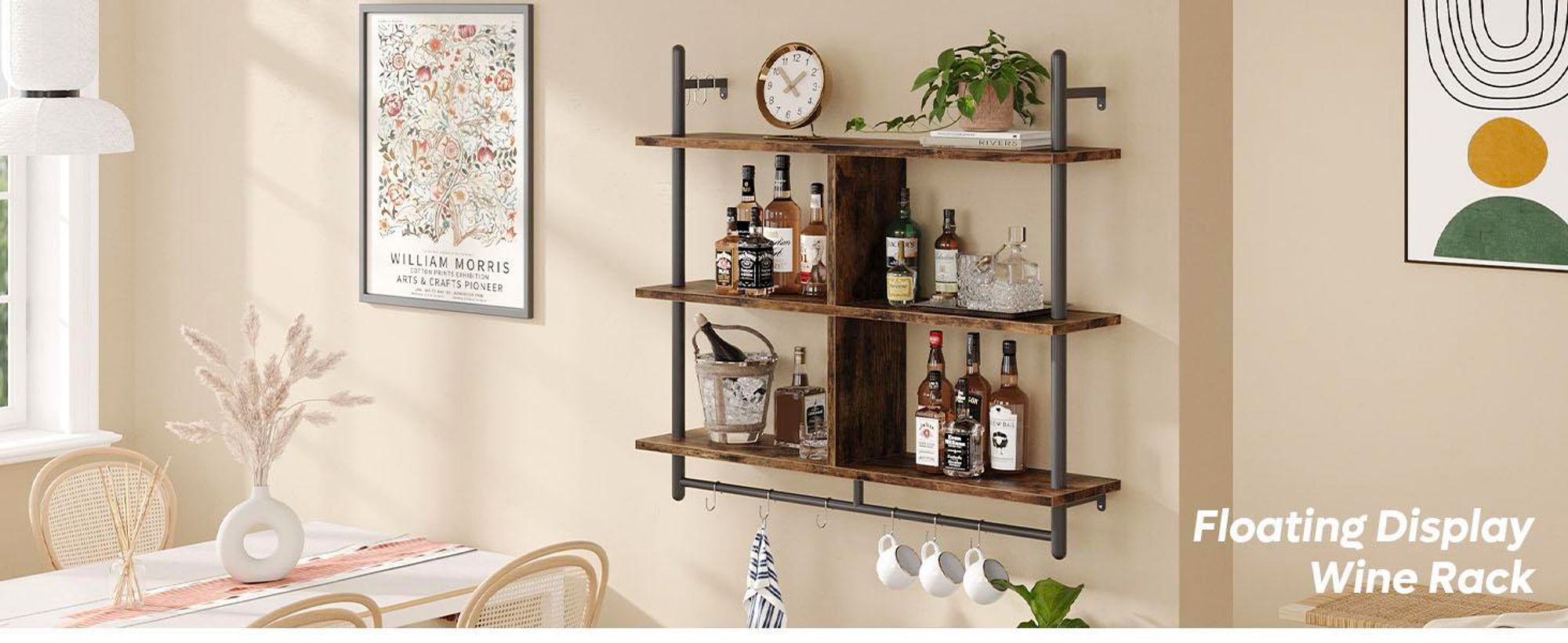 Bestier105,5cm Industrie-Regal Wandmontiertes 3-stufiges Leiterregal mit Rundrohr, wand wandregal, küchen regal, Bücher & Stauraum in Wohnzimmer