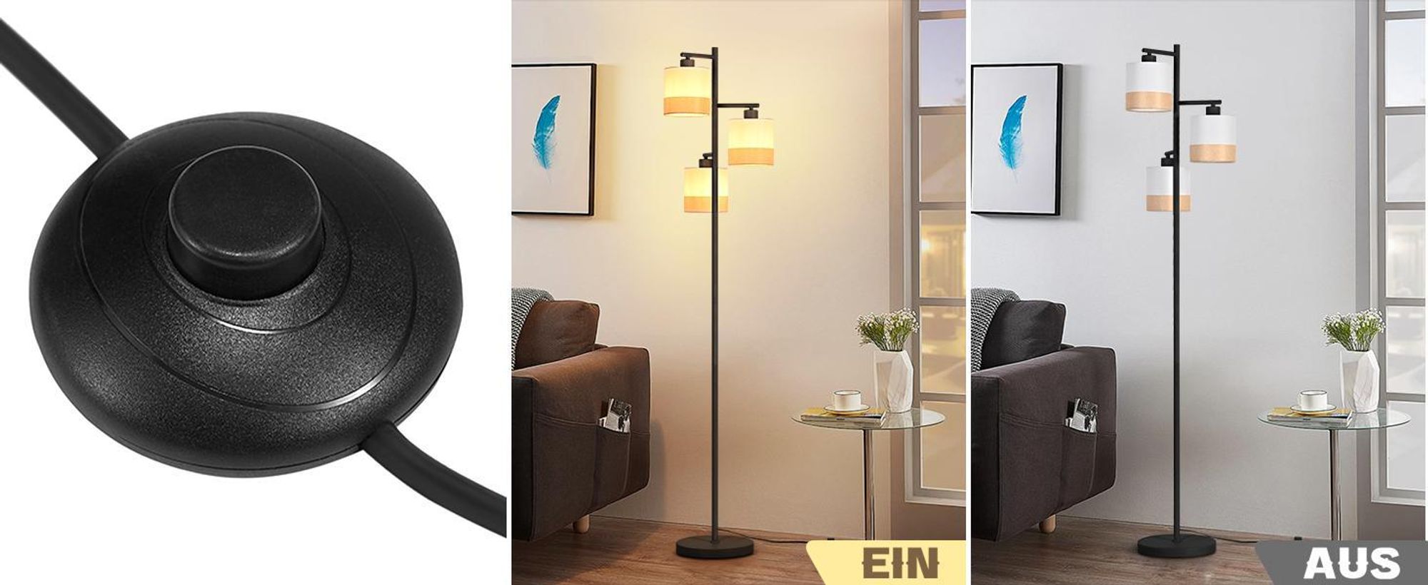 ZMH Stehlampe Wohnzimmer Stehleuchte Stoff Standlampe 3 Flammig Standleuchte Schwarz Leselampe E27 Bodenlampe mit Fußschalter für Schlafzimmer Büro