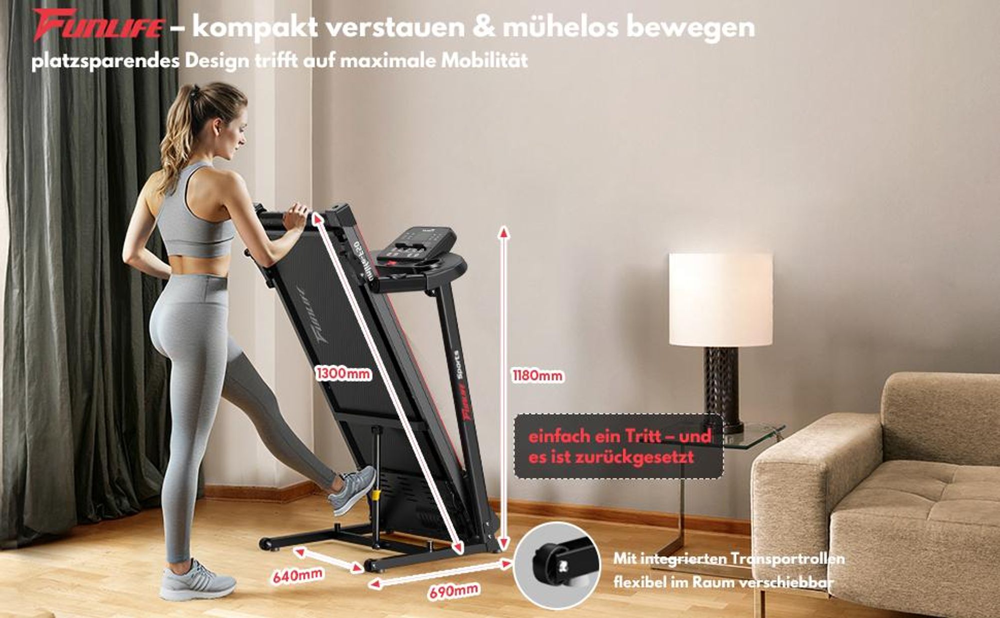Klappbares Laufband mit Rollen für einfache Aufbewahrung zuhause