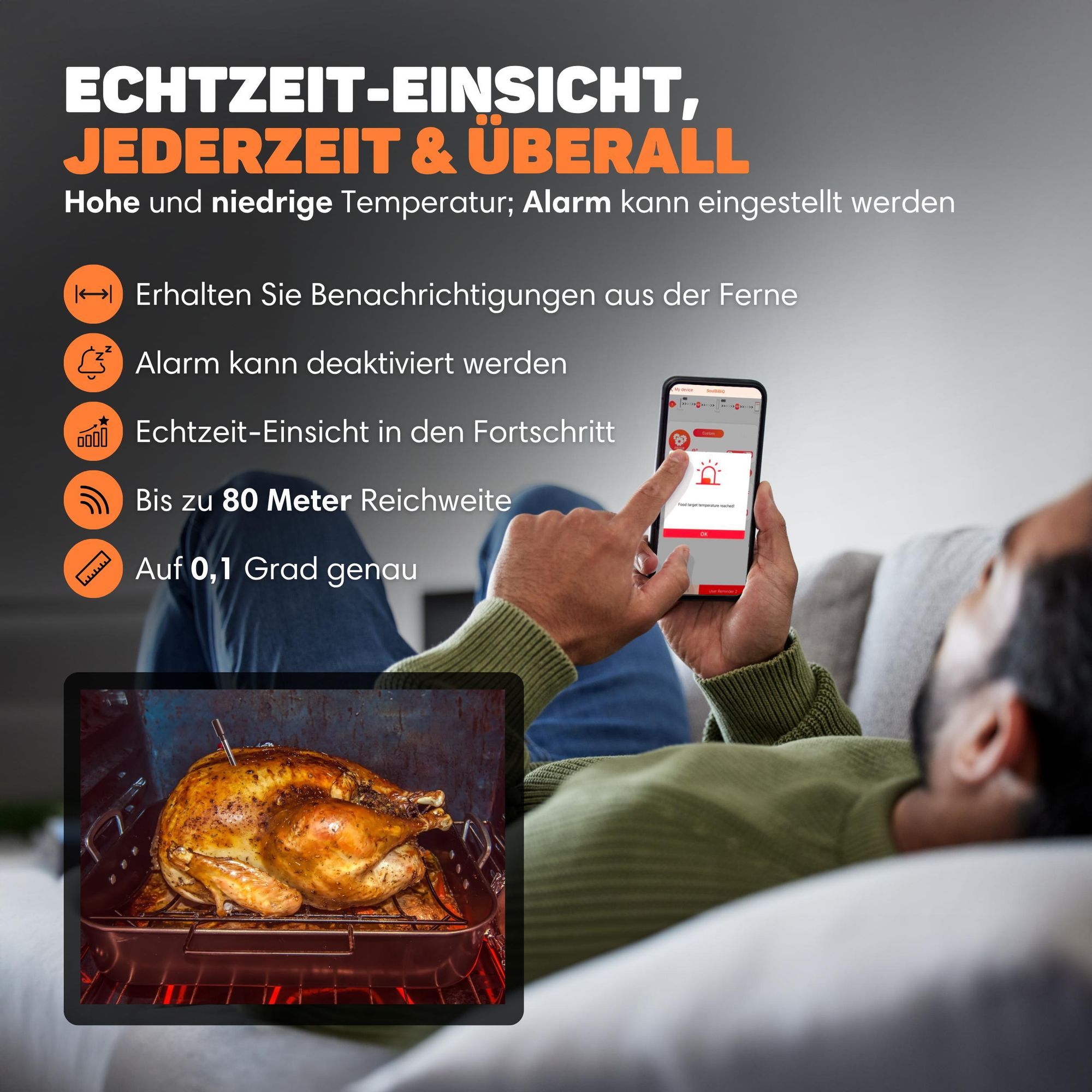 Vulpes Goods Küchenthermometer, Fleischthermometer, mit App, drahtlos, BBQ-Fleischthermometer, Ofenthermometer und Kochthermometer, 80 m Reichweite