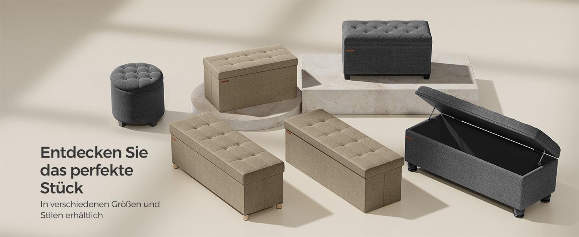 SONGMICS 110 cm Sitzbank mit Stauraum, klappbare Sitztruhe, Fußbank, helltaupe