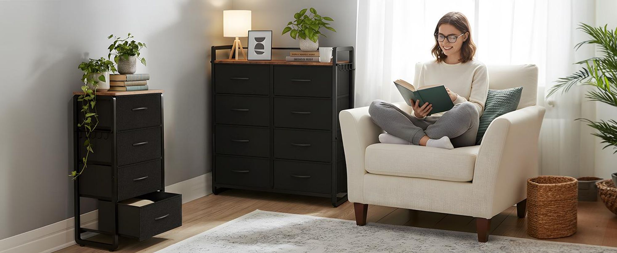 HOKEEPER Kommode, Schrank mit 8 Schubladen aus Stoff, Komodenschrank Schlafzimmer mit Holzplatte, Sideboard, Chest of Drawers Flurschrank