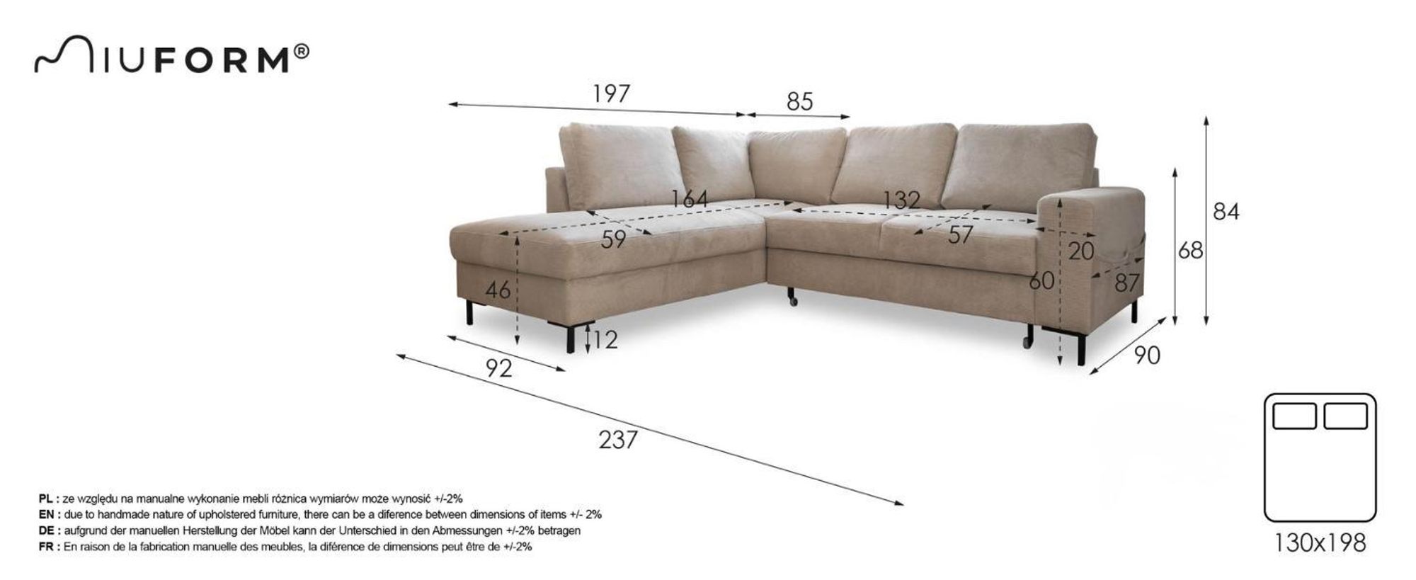 MIUFORM Lofty Lilly Ecksofa mit Bettfunktion L-FORM RECHTS– 237 x 197 cm - Beige - Sofa Schlafsofa Couch