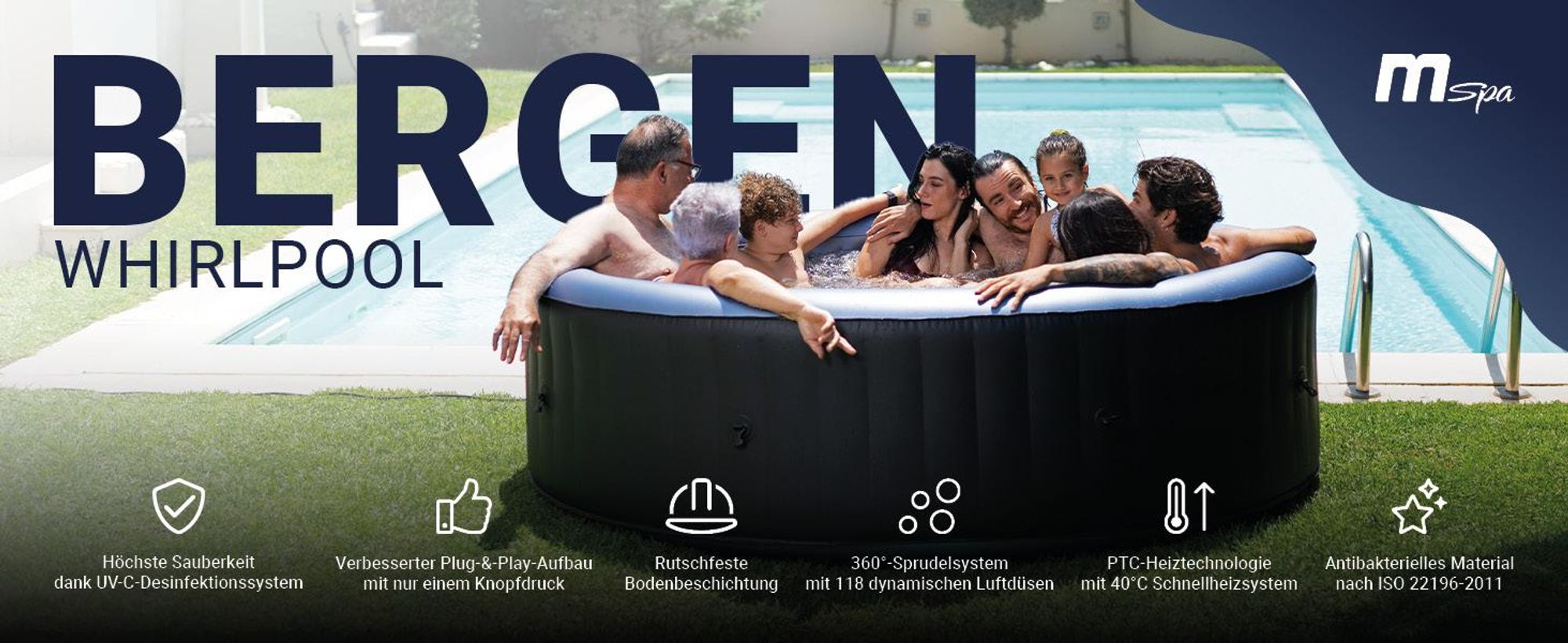 MSpa Whirlpool Comfort Bergen | 4 Personen Pool - In- & Outdoor Spa - 118 Massagedüsen - Fernbedienung - Aufblasfunktion per Tastendruck - 180x180 cm