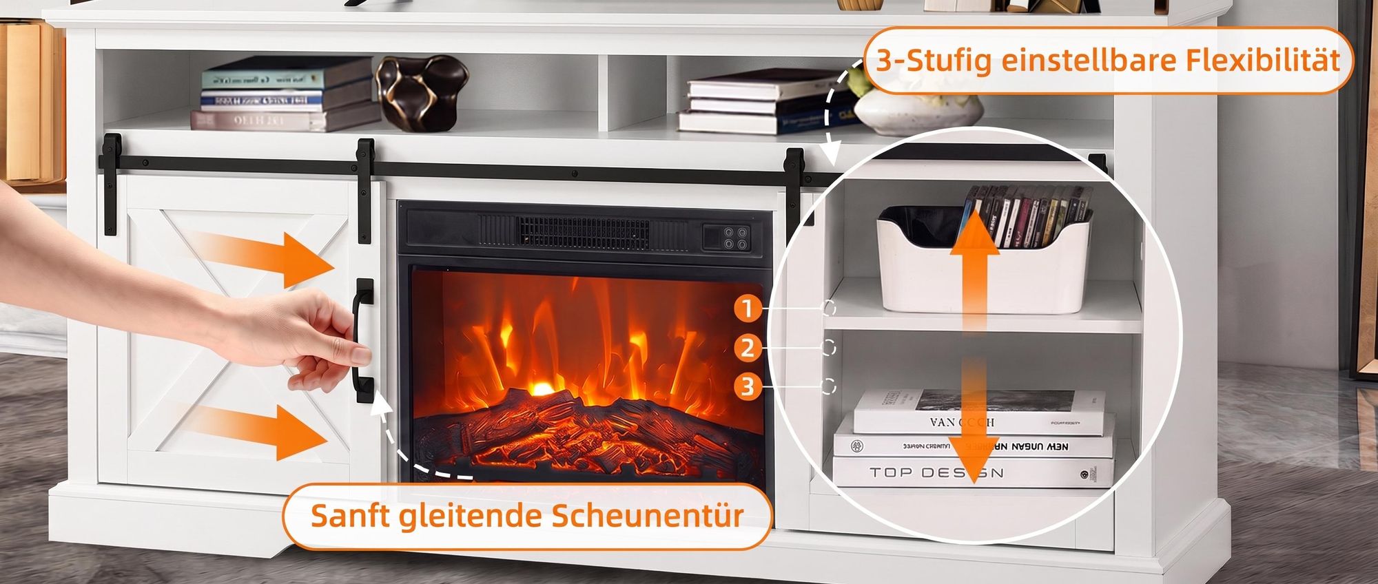 Parrot Uncle TV-Schrank mit Kamin 173cm, Weiß Modern, MDF & Stahl, Schiebetüren, Fernbedienung, für Wohnzimmer & Schlafzimmer