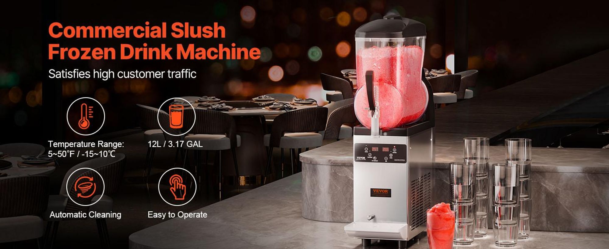 VEVOR kommerzielle Slusheis Maschine 12 L Einzeltank-Maschine für gefrorene Getränke, 48 Tassen Edelstahl Slush-Eismaschine mit elektronischem Tastenfeld Softeis Maker für Partys Restaurants Cafés
