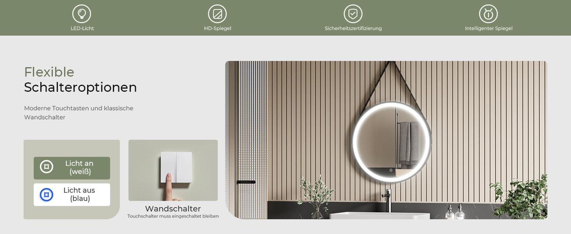 S'AFIELINA 60cm Badspiegel mit Beleuchtung Rund LED Badezimmerspiegel mit Touch und kaltweißes Licht Schwarzer Rahmen verstellbarer Ledergürtel