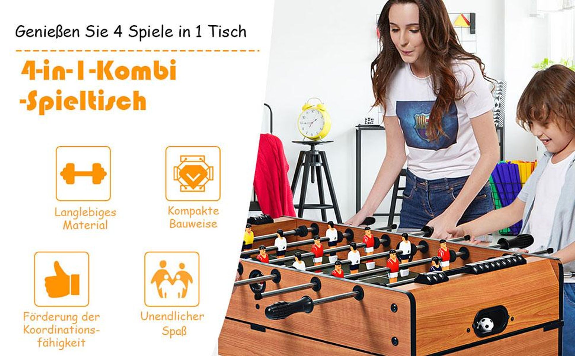 COSTWAY 4 in 1 Spieltisch, Billardtisch & Tischtennistisch & Air Hockeytisch & Tischkicker, Multifunktionsspieltisch aus Holz, perfekt für Spielzimmer, Bars, Partys, für Kinder und Erwachsene