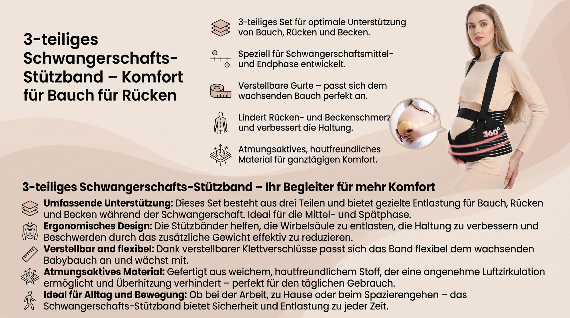 3-teiliges Schwangerschafts-Stützband – Komfort für Bauch & Rücken