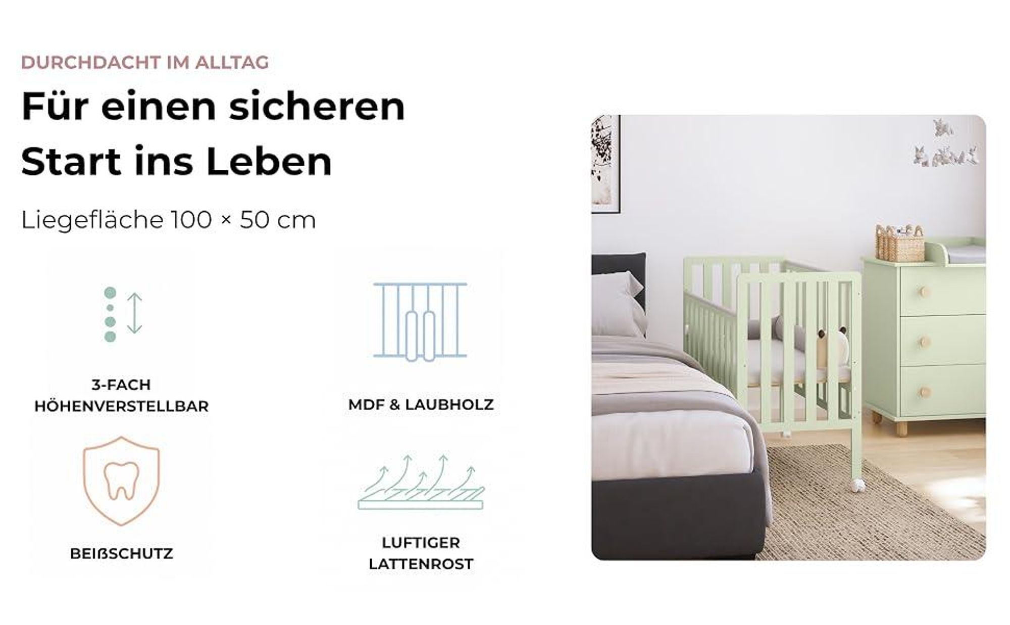ZEE BAMBI Weiß Beistellbett Baby mit Rollen 100x50 cm Tragbar Babybett Verstellbarer Stubenwagen Kinder Bett 3-fach Höhenverstellbar
