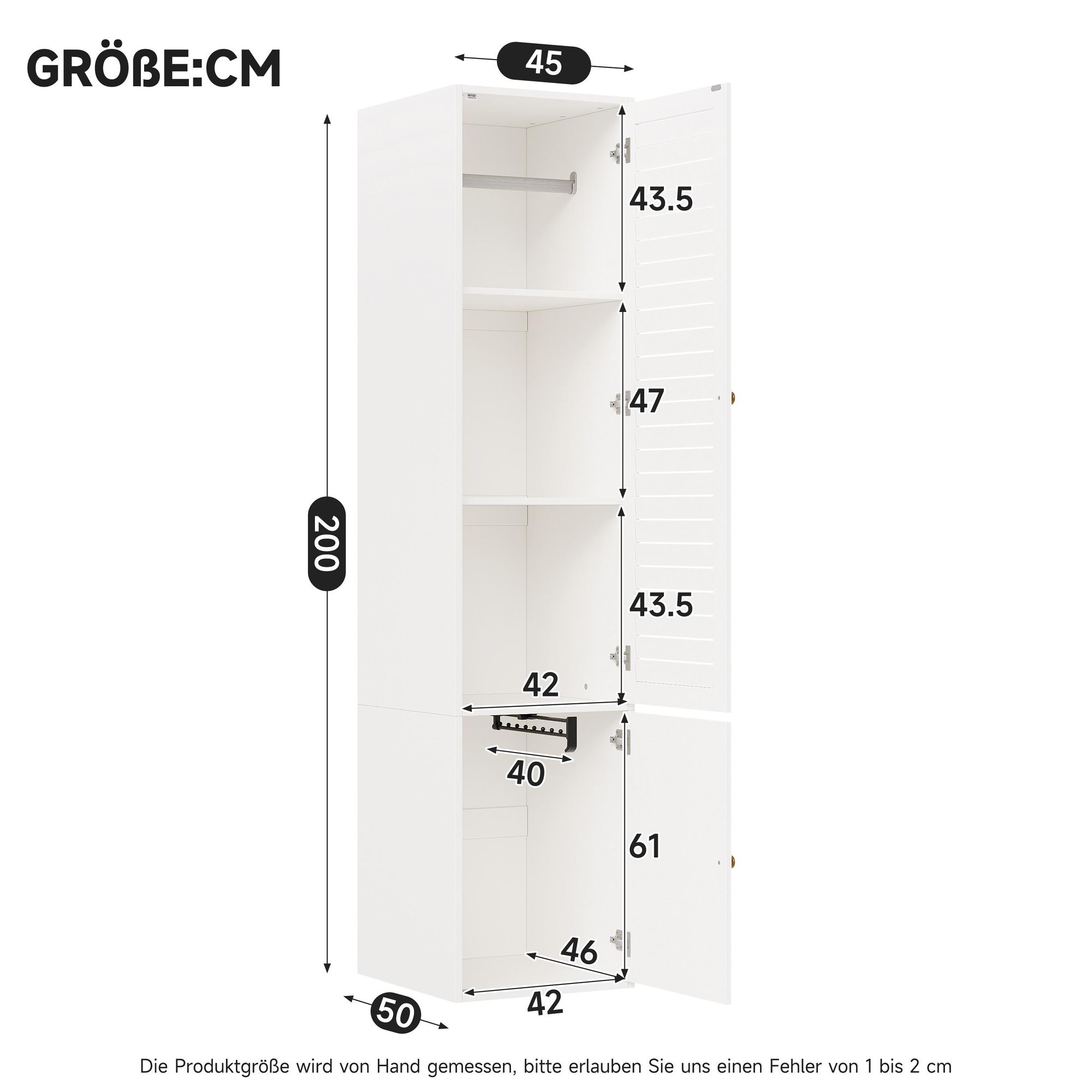 Flieks Hochschrank mit Staufächern und Türen, Garderobe mit Kleiderstangen, Kleiderschrank mit Stauraum, 45 x 50 x 200 cm, Weiß, PB