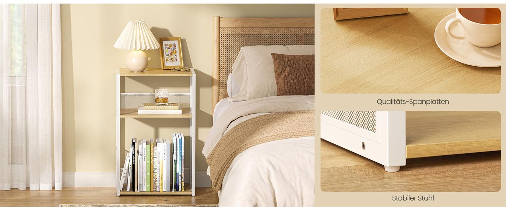VASAGLE Plattenspieler-Ständer 3 Ebenen, für bis zu 100 Alben, Beistelltisch für Wohnzimmer, Schlafzimmer, Goldeichenfarben und Cremeweiß
