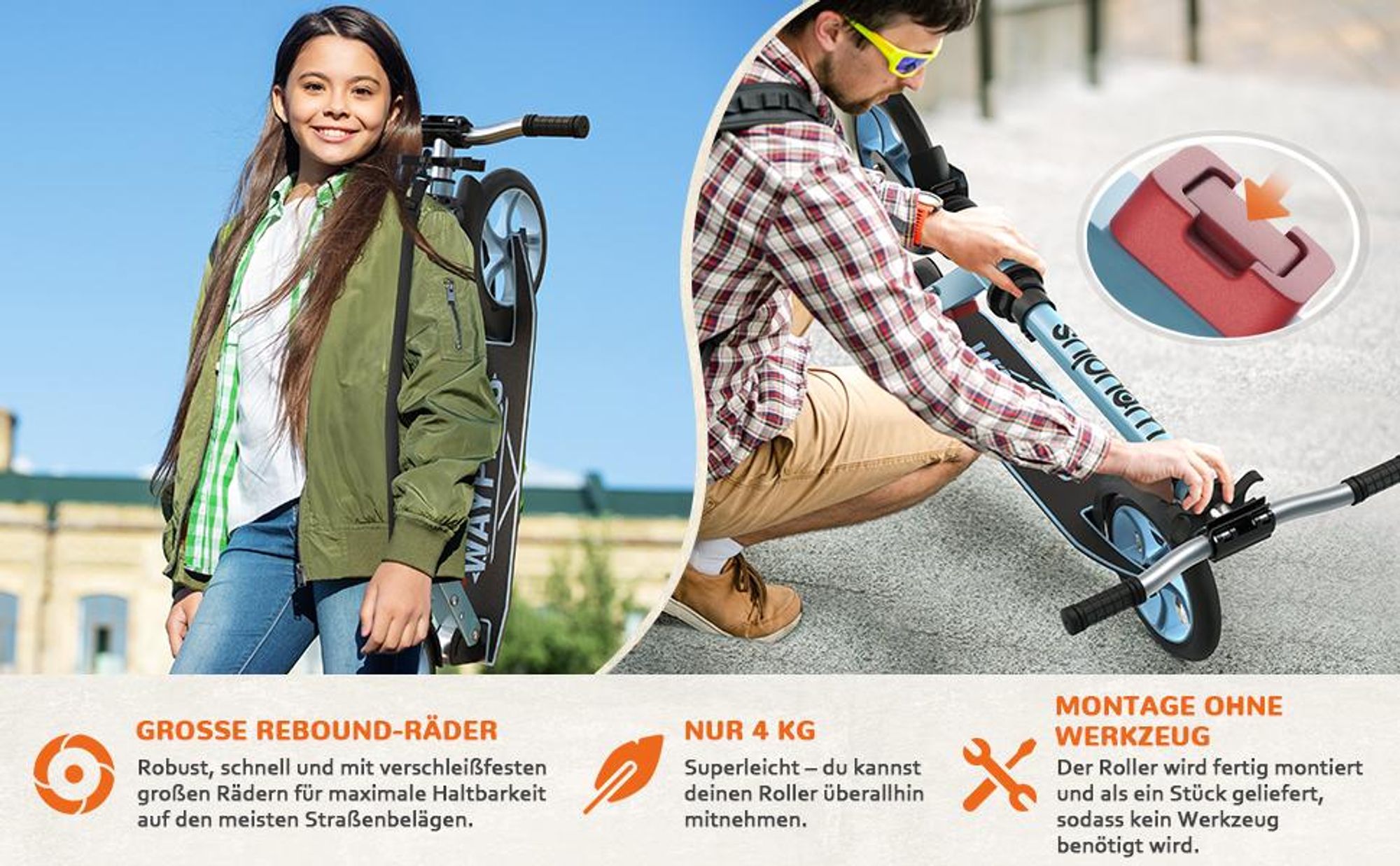WAYPLUS Klapproller ab 6 J. bis 109 kg, 20 cm ABEC-9 Räder, 4-fach höhenverstellbarer Lenker, leichter Alu-Faltroller für Kinder & Jugendliche