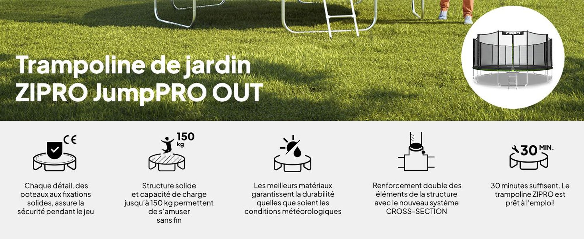 Trampoline ZIPRO Jump Pro Out | 16FT Ø 496 cm | Trampoline de jardin Trampoline pour enfants Kit complet avec filet extérieur, échelle et housse de protection, pour l'extérieur, vert