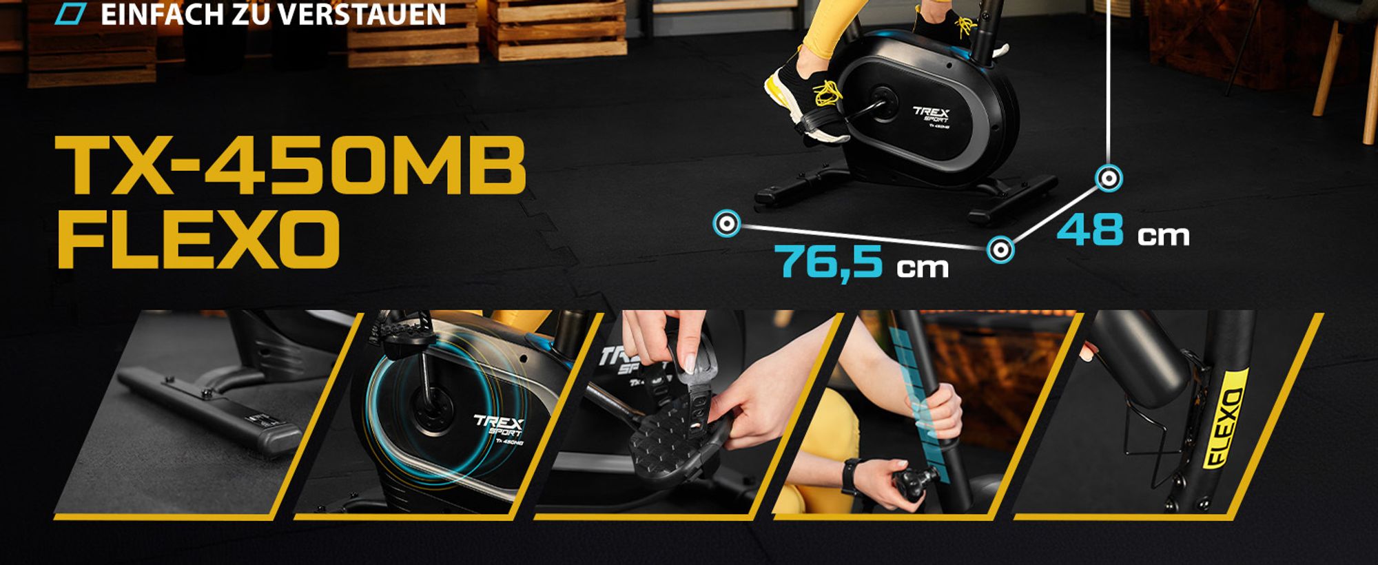 TREX SPORT Ergometer Heimtrainer Fahrrad für Zuhause TX-450MB FLEXO | Fitnessbike magnetisch bis 120kg | 10 Stufen, Pulssensoren, 8 Sitzhöhen, Schwarz