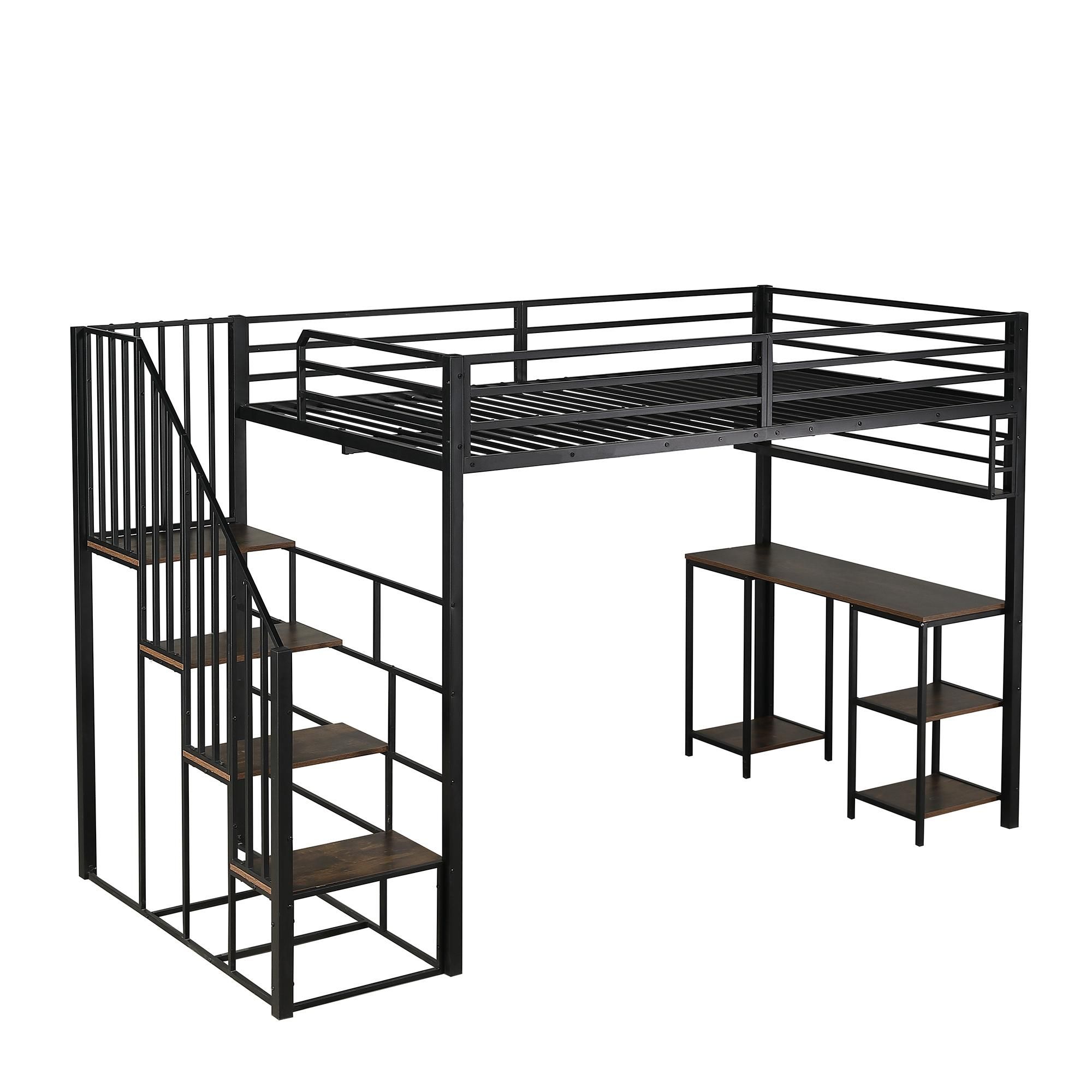 Flieks Etagenbett 120x200cm mit Schreibtisch und Ablage, Hochbett mit Treppe, Kinderbett Metallbett mit Rausfallschutz, Stockbett Schwarz