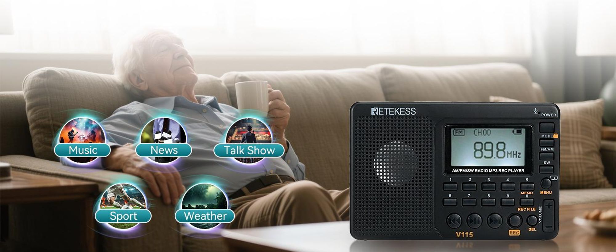 Retekess V115 Přenosné rádio, AM FM SW rádio s dobíjecí baterií 1000mAh, 32GB TF karta, vánoční dárky pro rodinu