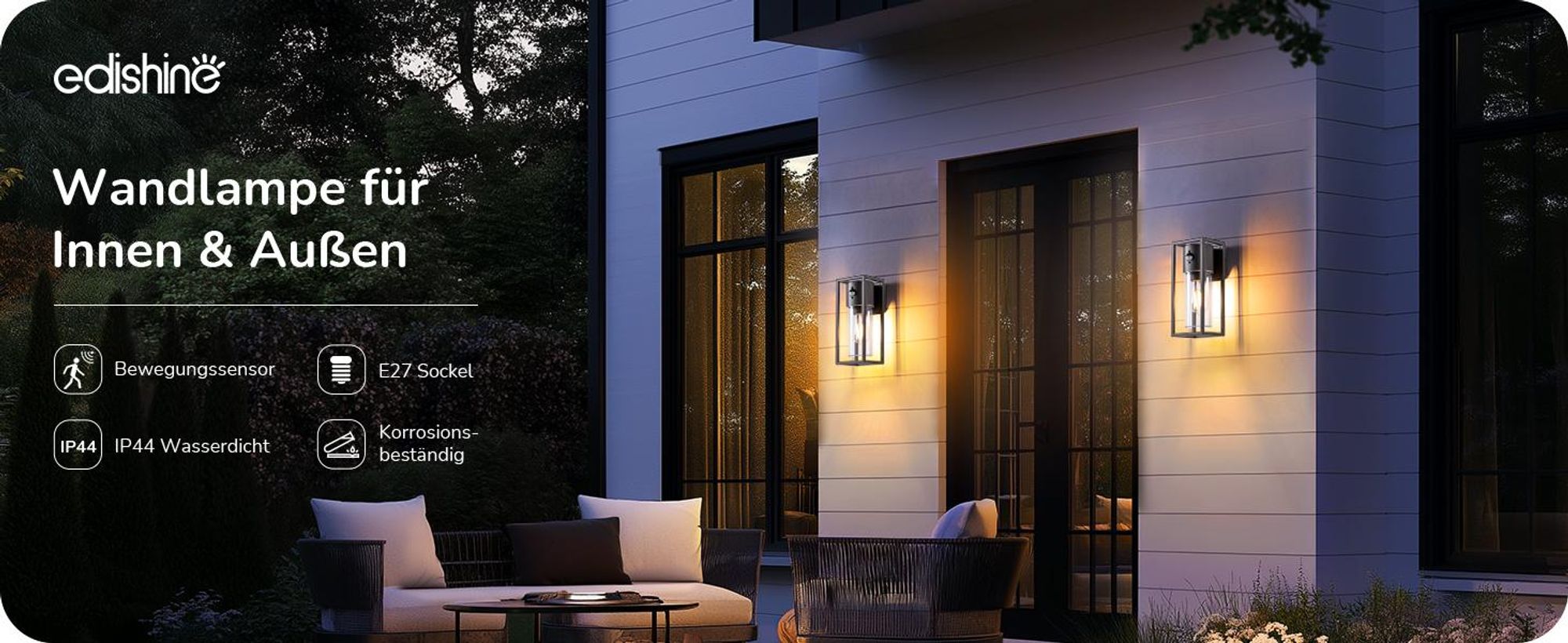 EDISHINE Wandlampe Innen/Außen mit Bewegungsmelder, Moderne Wandleuchte E27, Anthrazit