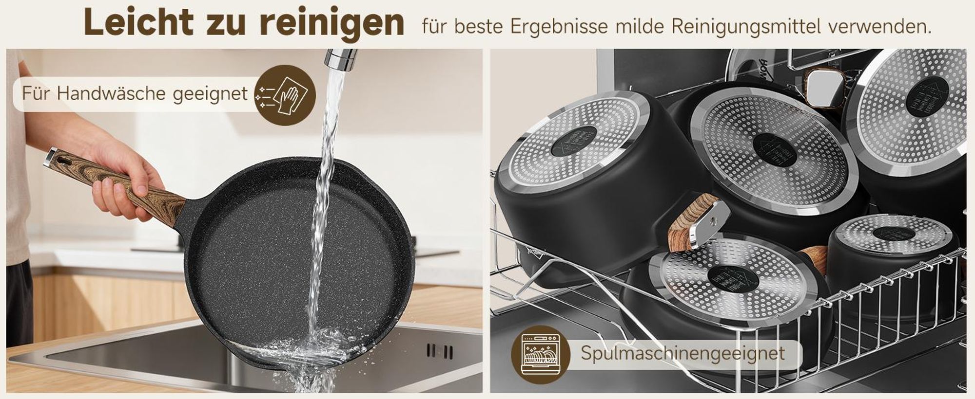 8-TLG Topfset Induktion mit Antihaftbeschichtung,Pfanne 24/28cm,Milchtopf 16cm,Kochtopf 24/28cm, für alle Herdarten,Holzmaserung