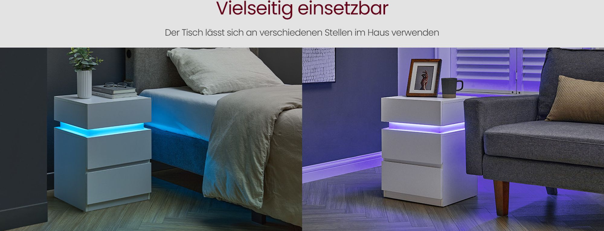 VASAGLE Nachttisch mit LED-Beleuchtung, mit 3 Schubladen, weiß, 2 St.