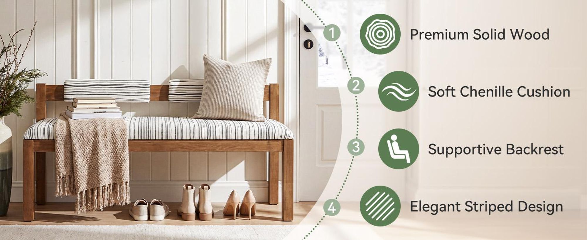 Eingangsbank, 140 cm gepolsterte Sitzbänke mit Rückenlehne, Schuhbank mit dickem Chenille-Kissen und Massivholzrahmen, Bettbank für Schlafzimmer