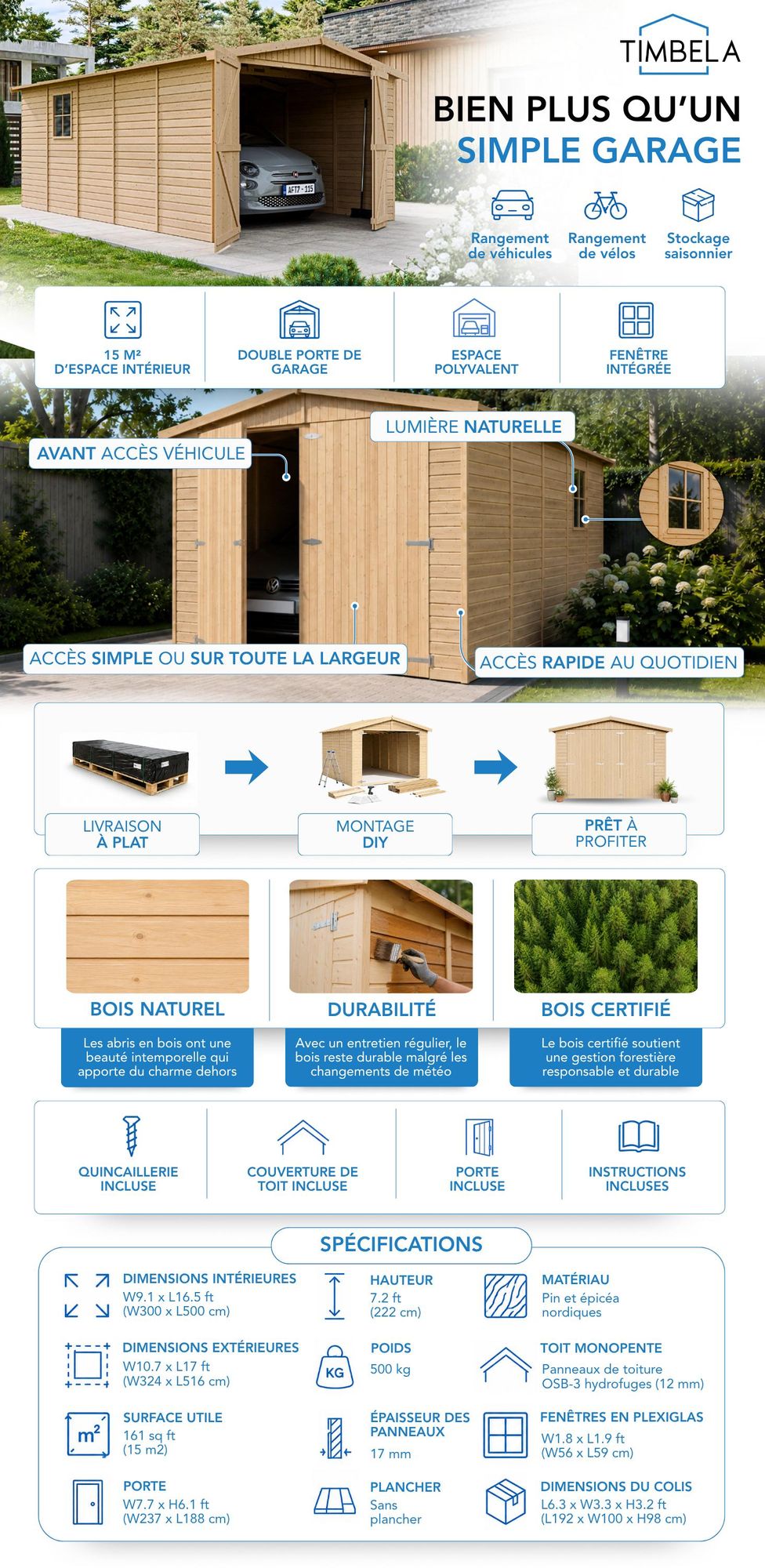Garage en bois 15 m² - Débarras avec fenêtres - H222xL516xB324 cm - Construction en panneaux de bois naturel - Atelier de jardin - Remise pour voitures et outils -TIMBELA M101