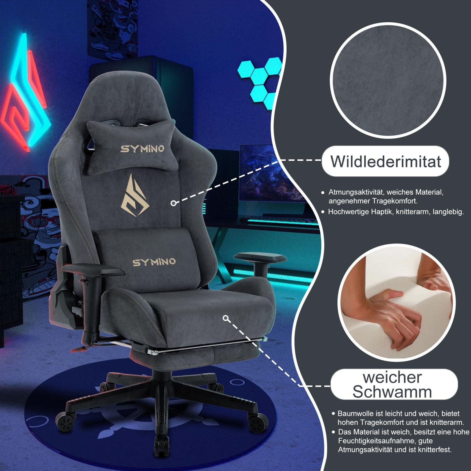 Grauer Gaming-Stuhl, Materialübersicht WildKunstleder und Schaumpolsterung