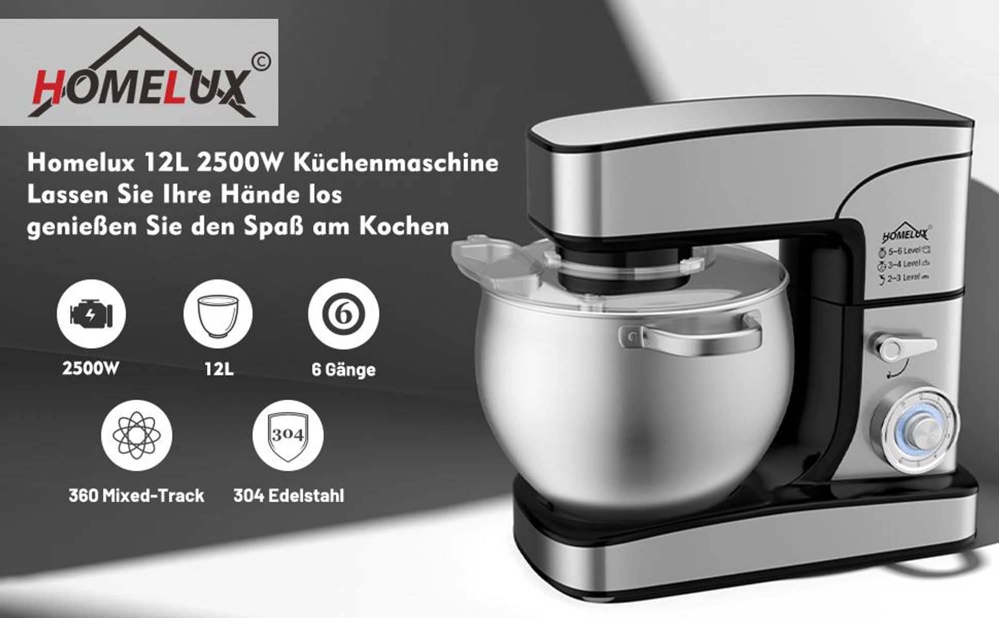Küchenmaschine Homelux 2500W Knetmaschine,12 L Küchenmaschine,Teigmaschine, inkl 3-Teiligem Patisserie-Set und Spritzschutz, Edelstahlschüssel
