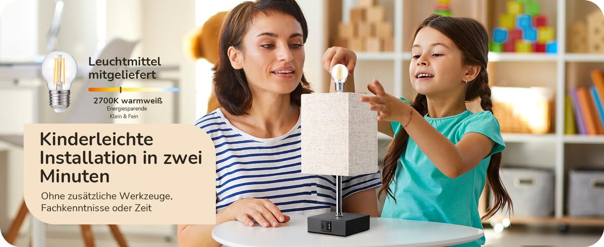 EDISHINE 2 LED Nachttischlampe Touch Dimmbar, mit Ladefunktion & Glühbirne,Tischlampe Schwarz