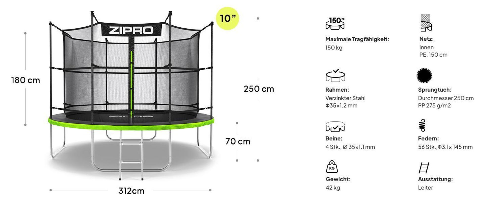 ZIPRO Trampolin Jump Pro IN | 10FT Ø 312 cm | Gartentrampolin Kindertrampolin Komplett-Set inkl. Innennetz, Leiter & Randabdeckung, Outdoor, Grün