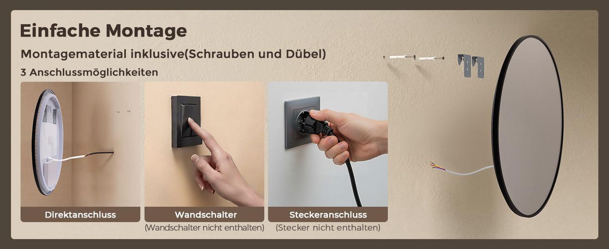 S'AFIELINA LED Badezimmerspiegel Rund Ø80 cm, Schwarzer Rahmen, 3 Lichtfarben, stufenlos dimmbar, Antibeschlag, Uhr & Temperaturanzeige, Memory