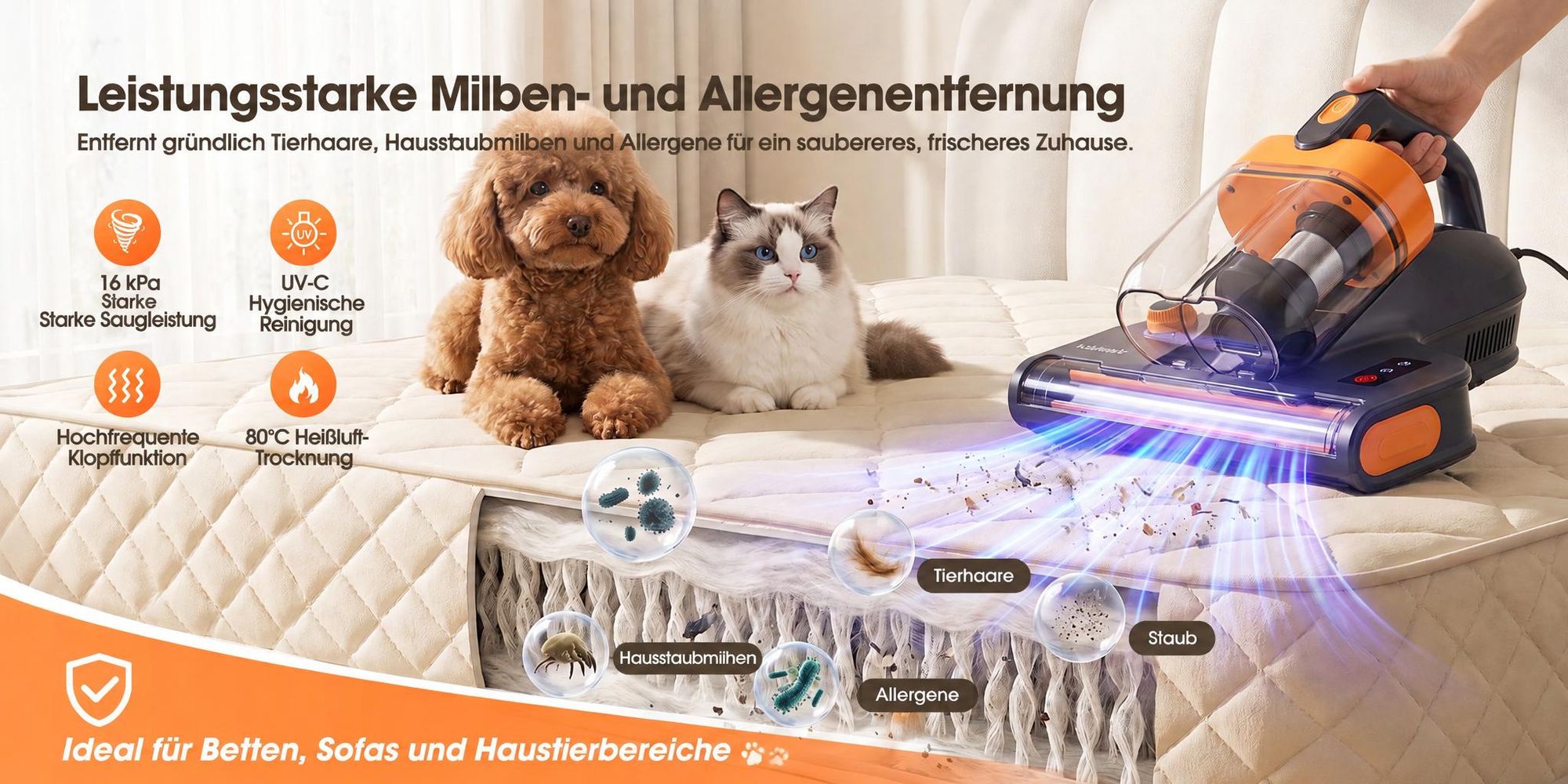 Lubluelu CM209 Milbensauger Handstaubsauger für Matratzen 16 kPa, 450 W LED-Staubsensor, 80 °C Warmluft, UV-C-Licht, 65.000 Schläge/min & HEPA-Filter