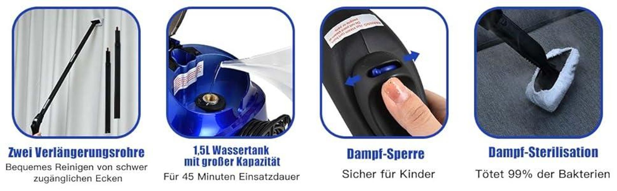 COSTWAY Dampfreiniger 2000W, 4 Bar, 1,5L Tank, bis 108℃, Dampfzeit bis 45 Min. & LED Warnlicht, Bodendampfreiniger mit 18 Zubehörteilen Blau